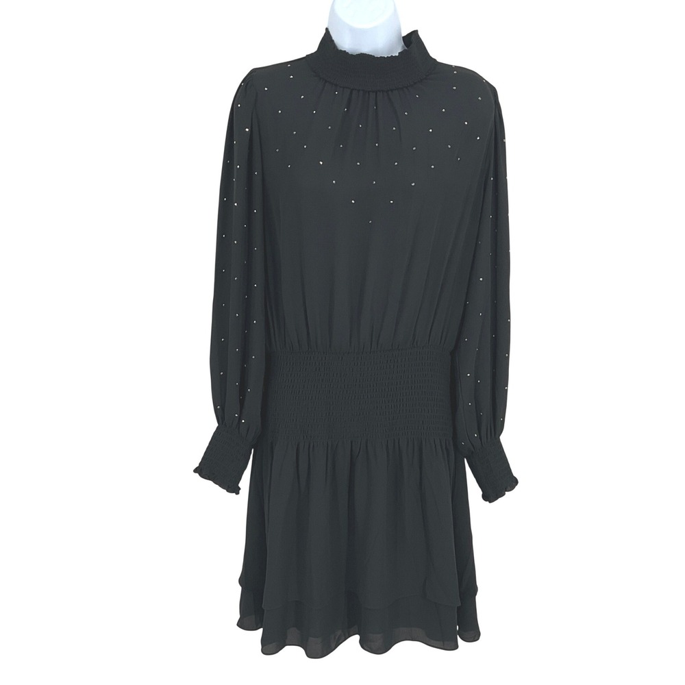 WHBM Dress Womens 6 Black Studded Smocked Mini Cocktail Holiday Party Flowy